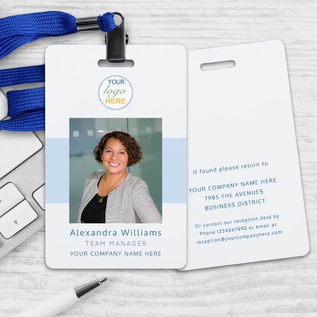 Employee photo ID Company Logo Security ID Badge (Custom photo id your logo here security badge Blue and gray lanyard modern professional design )
