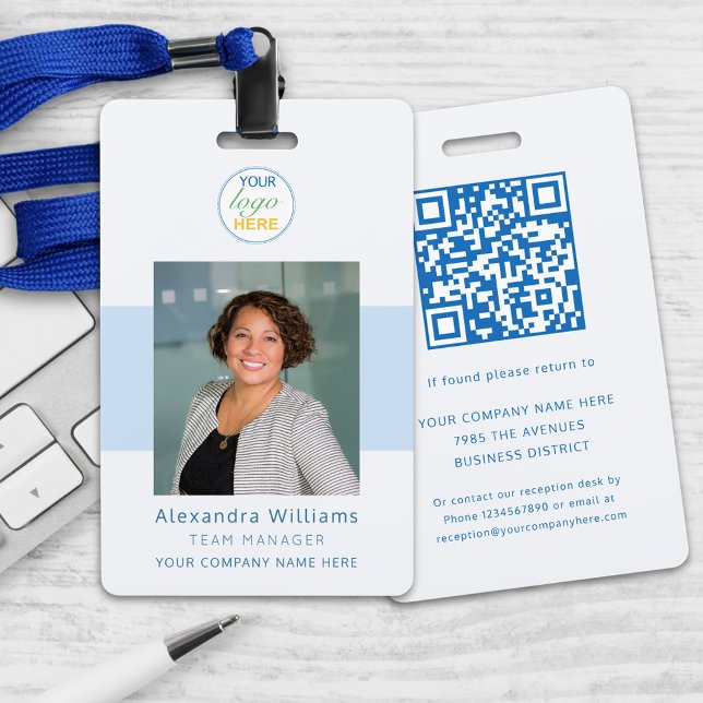 Employee photo ID Company Logo Security QR Code Badge (Custom employee photo id security badge with qr code with your logo here modern professional lanyard)