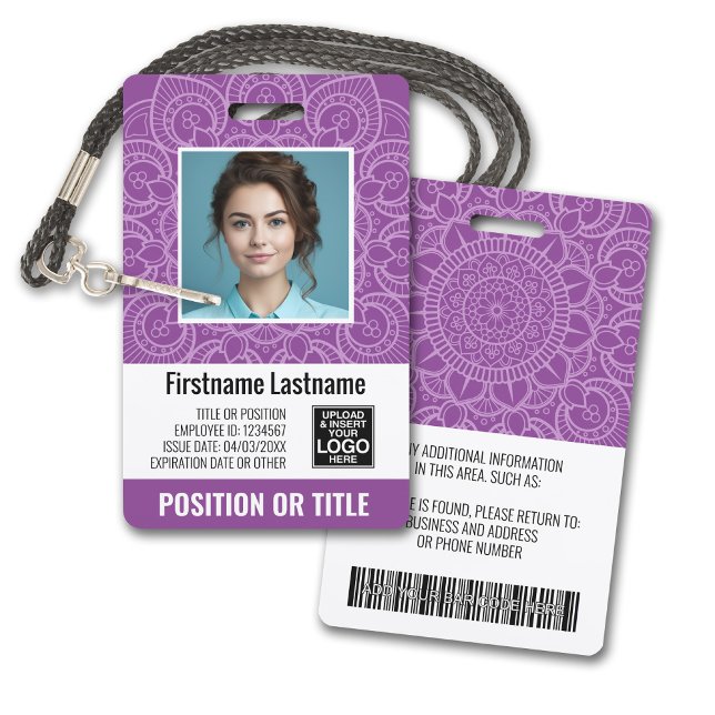 Employee Photo ID - modern mandala, logo, bar code Badge (Plastic ID Badge - Customize with Employee Photo and Credentials. Purple Mandala Accents)