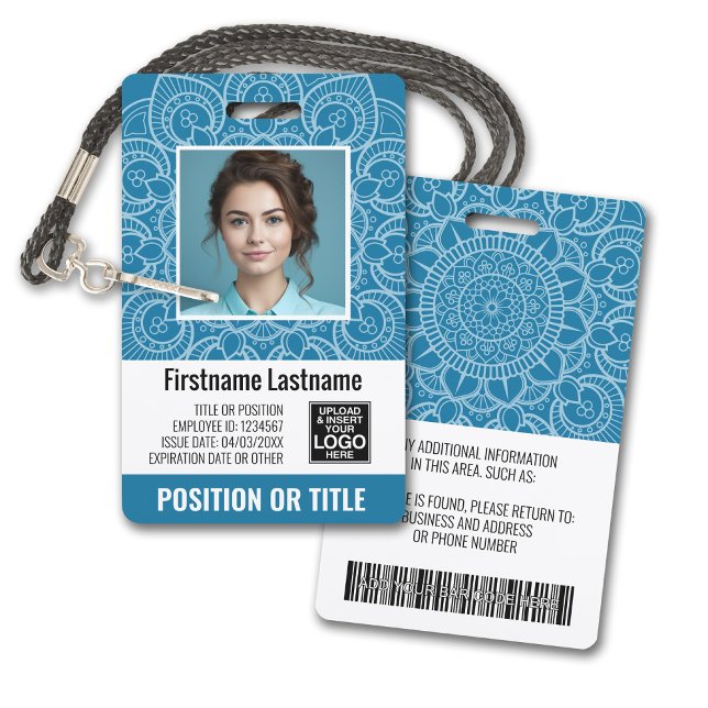 Employee Photo ID - modern mandala, logo, bar code ID Badge (Plastic ID Badge - Customize with Employee Photo and Credentials. Light Blue Mandala Accents)