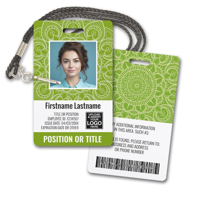 Employee Photo ID - modern mandala, logo, bar code ID Badge (Plastic ID Badge - Customize with Employee Photo and Credentials. Lime Green Mandala Accents)
