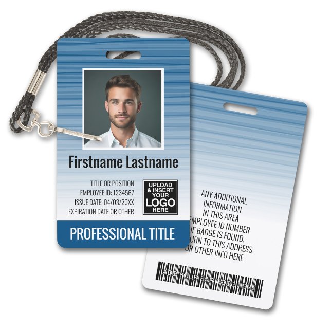Employee Photo ID - modern stripes, logo, bar code ID Badge (Plastic ID Badge - Customize with Employee Photo and Credentials. Blue Gradient Pattern Accents)
