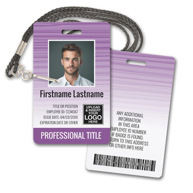 Employee Photo ID - modern stripes, logo, bar code ID Badge (Plastic ID Badge - Customize with Employee Photo and Credentials. Blue Gradient Pattern Accents)