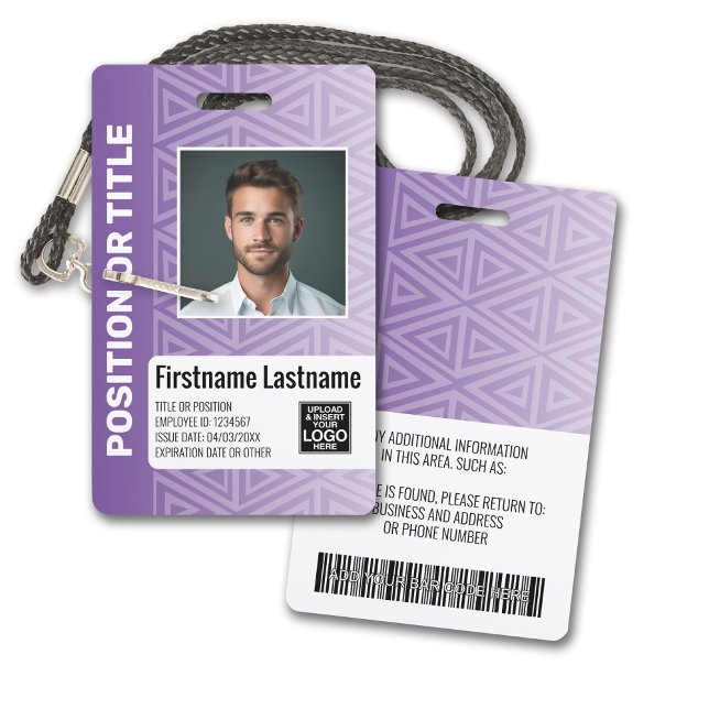Employee Photo ID - modern tribal, logo bar code Badge (Plastic ID Badge - Customize with Employee Photo and Credentials. Purple Tribal Pattern Accents)