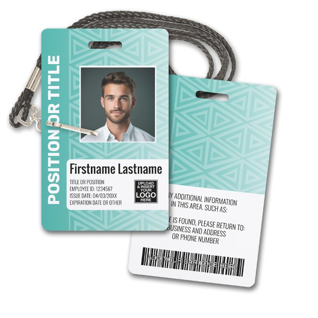 Employee Photo ID - modern tribal, logo bar code ID Badge (Plastic ID Badge - Customize with Employee Photo and Credentials. Teal Tribal Pattern Accents)
