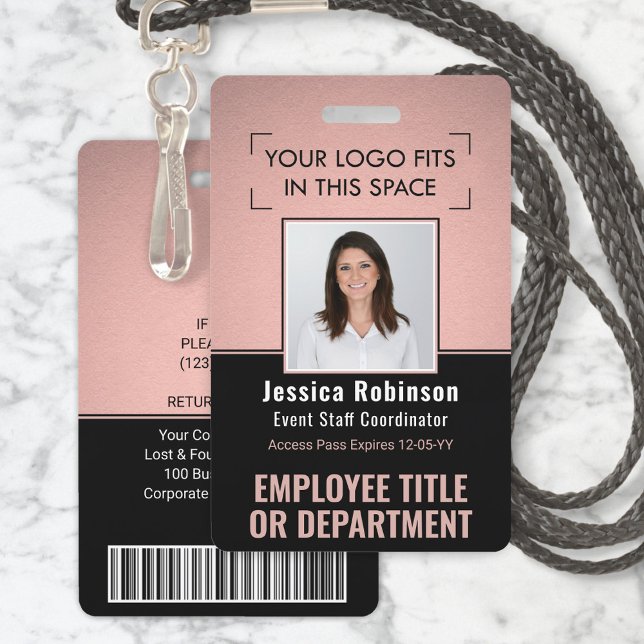 Employee Photo ID QR Barcode Logo Pink Rose Gold Badge (Creator Uploaded)