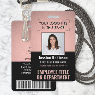 Employee Photo ID QR Barcode Logo Pink Rose Gold ID Badge