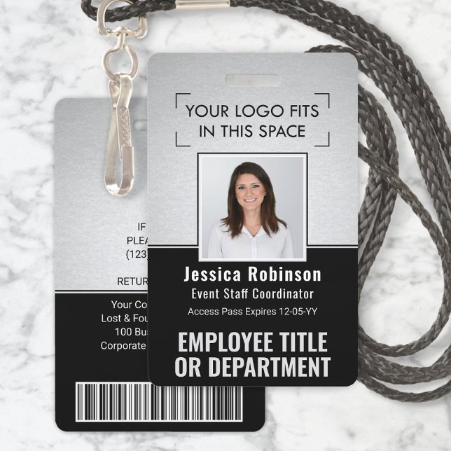 Employee Photo ID QR Barcode Logo Silver Black ID Badge (Creator Uploaded)