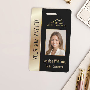 Employee Photo ID QR Barcode Your Logo Black Gold  Badge