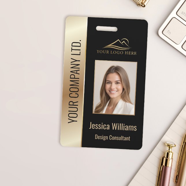 Employee Photo ID QR Barcode Your Logo Black Gold  Badge (Creator Uploaded)