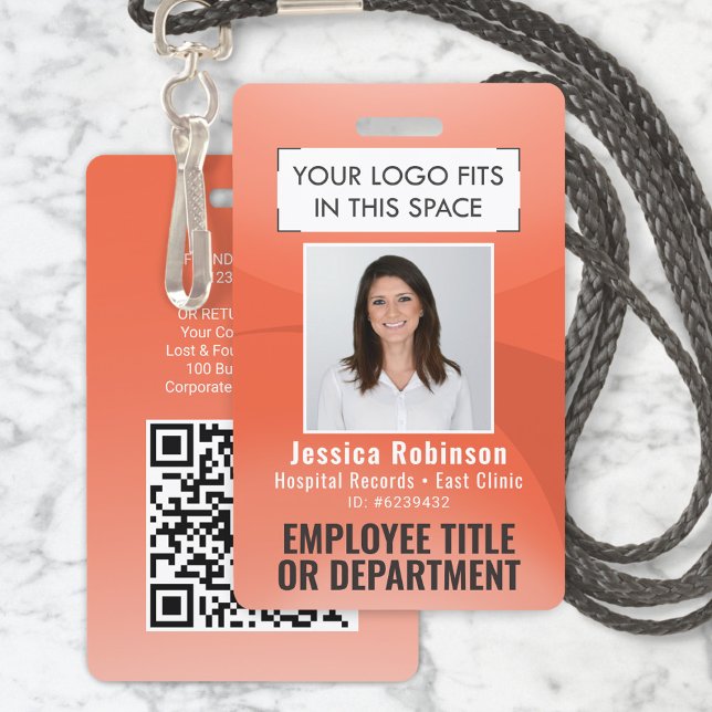 Employee Photo ID QR Barcode Your Logo Orange Arc ID Badge (Creator Uploaded)
