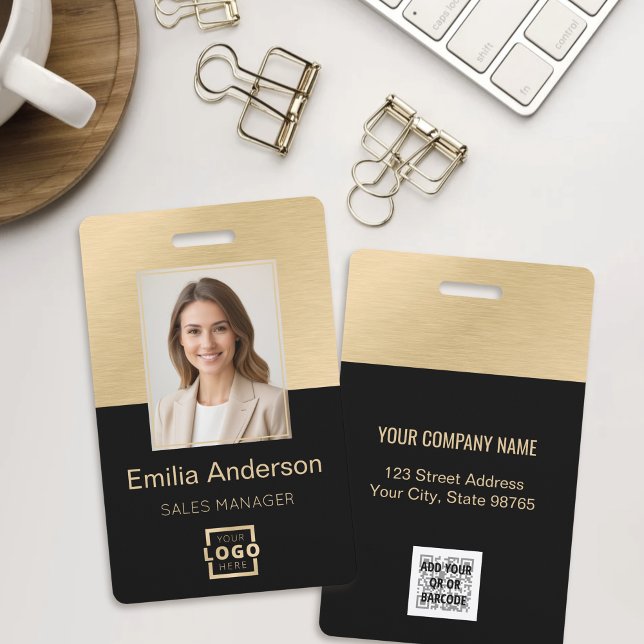 Employee Photo ID QR Code Logo Black Brushed Gold ID Badge (Creator Uploaded)