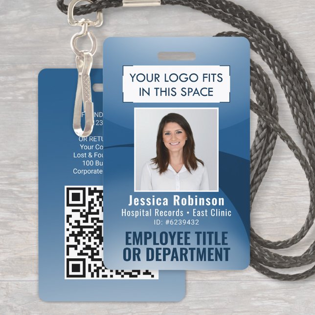 Employee Photo ID QR Code Your Logo Navy Blue Arc ID Badge (Creator Uploaded)