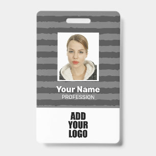 Employee Photo Logo & Barcode Grey Stripes ID Badge