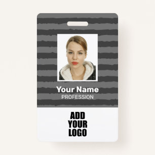 Employee Photo Logo & Barcode Grey Stripes  ID Badge