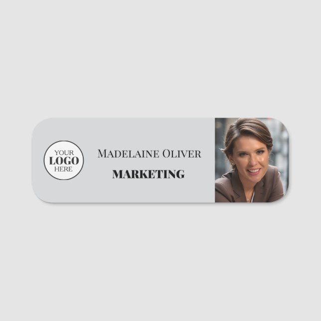  Employee Photo Logo Grey Simple Name Tag (Front)