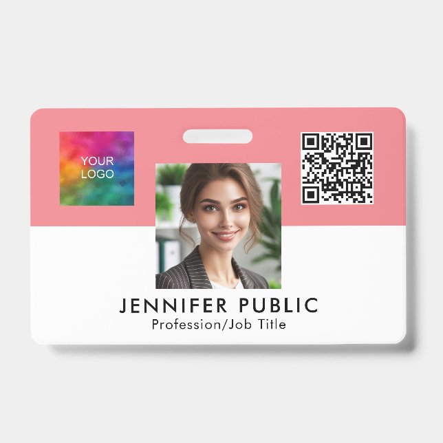 Employee Photo Name Here QR Code Business Logo ID Badge (Front)