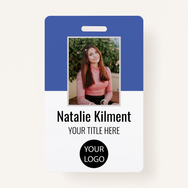 Employee Photo Name Logo Bar Code Blue and White ID Badge (Front)