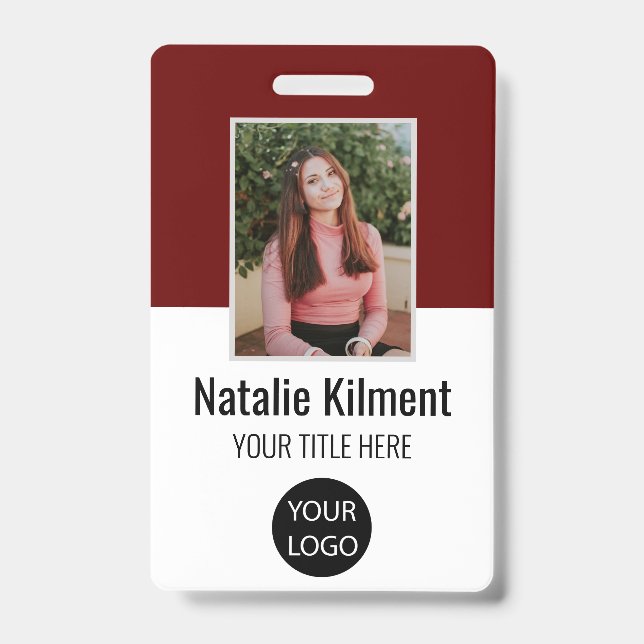 Employee Photo Name Logo Bar Code Dark Red Black ID Badge (Front)