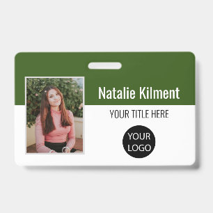 Employee Photo Name Logo Bar Code Green and White ID Badge