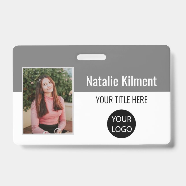 Employee Photo Name Logo Bar Code Grey and White ID Badge (Front)