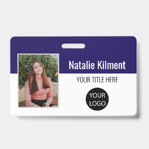 Employee Photo Name Logo Bar Code Navy Blue White ID Badge