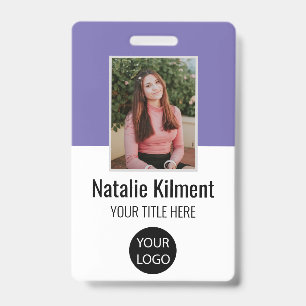 Employee Photo Name Logo Bar Code Purple and White ID Badge