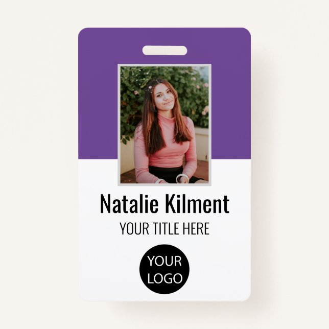 Employee Photo Name Logo Bar Code Purple and White ID Badge (Front)