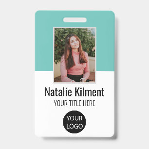 Employee Photo Name Logo Bar Code Teal and White ID Badge