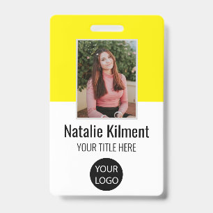 Employee Photo Name Logo Bar Code Yellow and White ID Badge
