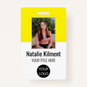Employee Photo Name Logo Bar Code Yellow and White ID Badge