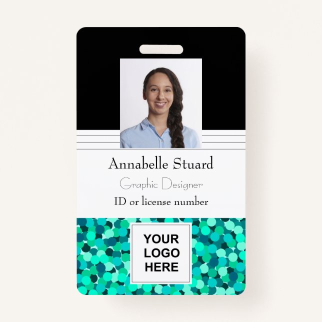 Employee Photo Name Teal Glitzy Modern Elegant ID Badge (Front)