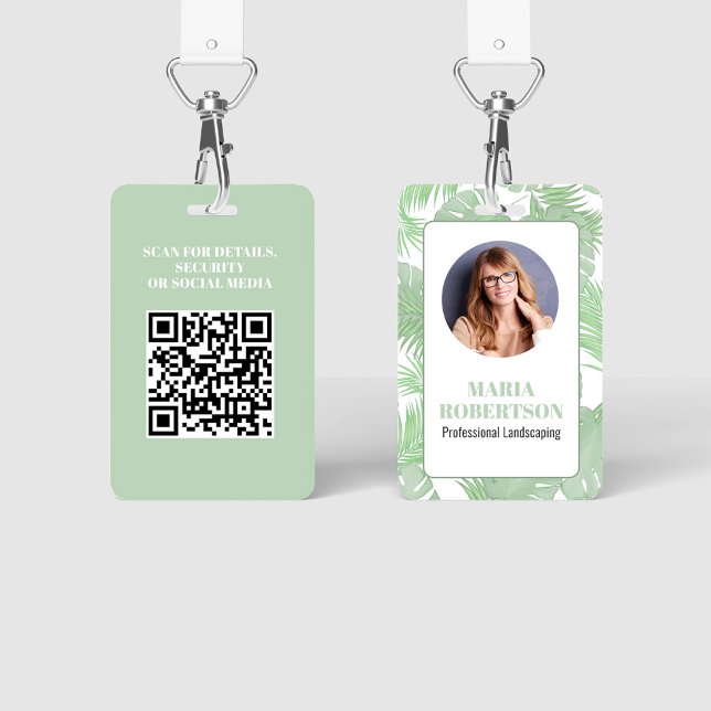 Employee Photo QR Code Palm Leaves ID Badge (Employee photo business badge with botanical palm leaves. )