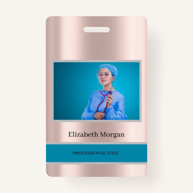 Employee Photo Rose Gold Elegant ID Badge (Front)