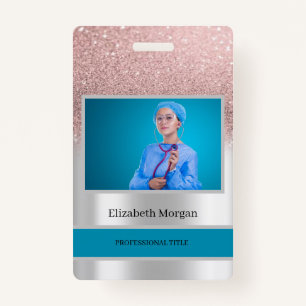 Employee Photo Rose Gold Glitter,Silver ID Badge