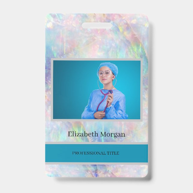 Employee Photo Trendy Holographic Opal ID Badge (Front)
