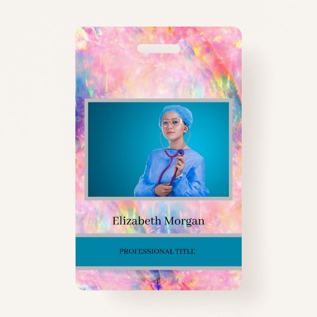 Employee Photo Trendy Holographic Opal Ombre ID Badge (Front)