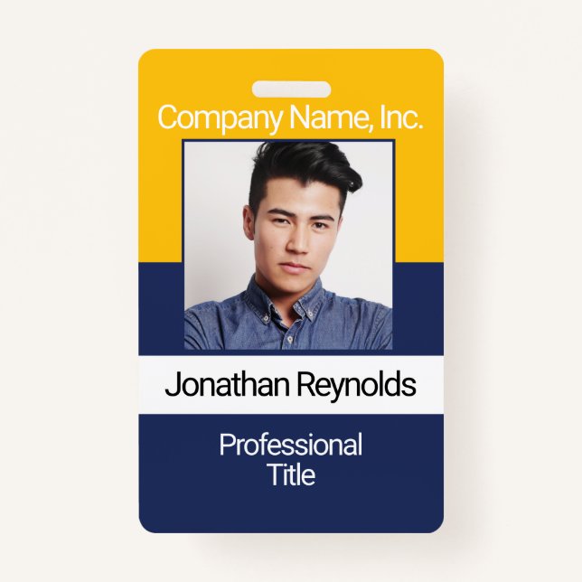 Employee Picture Badge - Gold And Navy Blue ID Badge (Front)