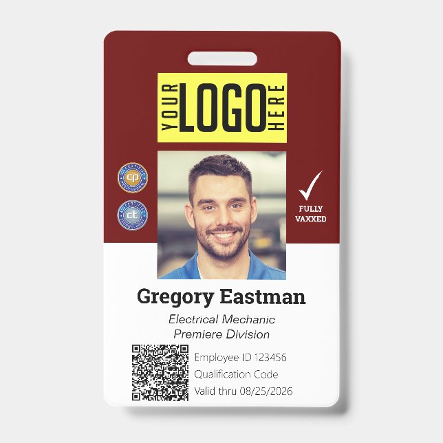 Employee QR Code Photo ID Red White Badge (Front)