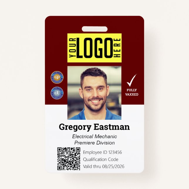 Employee QR Code Photo ID Red White Badge ID Badge (Front)