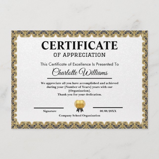 Employee Recognition Certificate of Appreciation (Front)