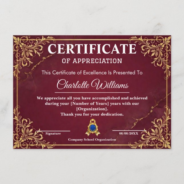 Employee Recognition Certificate Red Gold (Front)