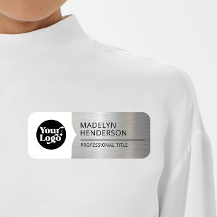 Employee White Metallic Silver Logo Magnetic Name Tag