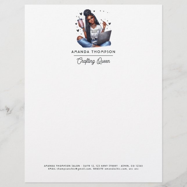 Empowered Black Woman Crafting Queen Design Custom Letterhead (Front)