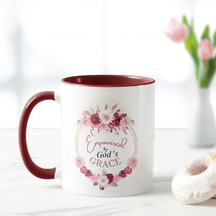 Empowered by God's Grace Pink Floral Gold Wreath Mug