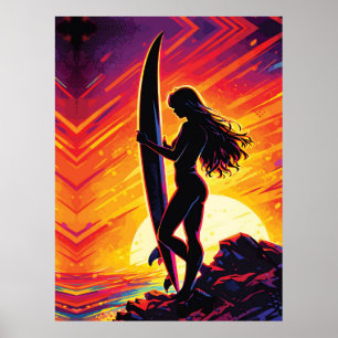 Empowering Surfer Girl Sunset Silhouette Pop Art Poster