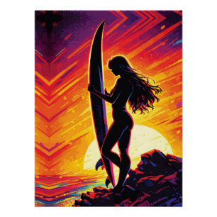 Empowering Surfer Girl Sunset Silhouette Pop Art Poster