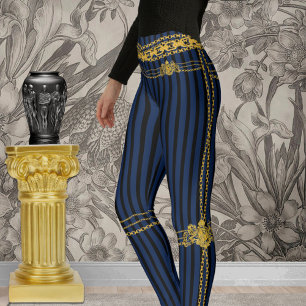 Empress Gold Chain Lion Emblem Black Blue Stripe Leggings