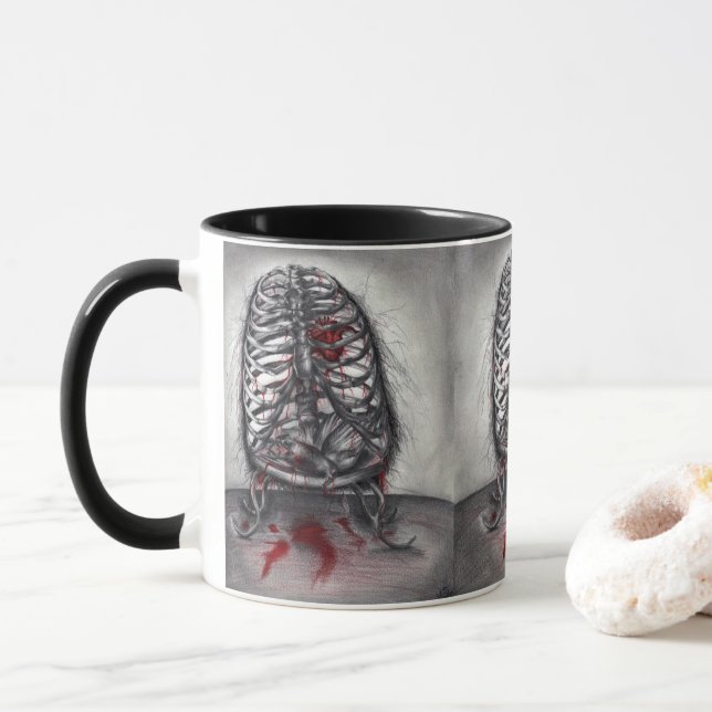Empty Cage Human Ribs Horror Gothic Surreal Art Mug (With Donut)