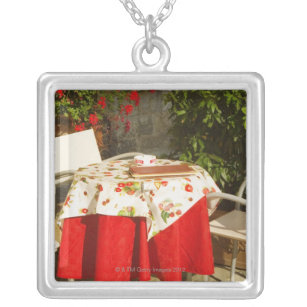 Empty chairs at a sidewalk cafe, Piazza della Silver Plated Necklace